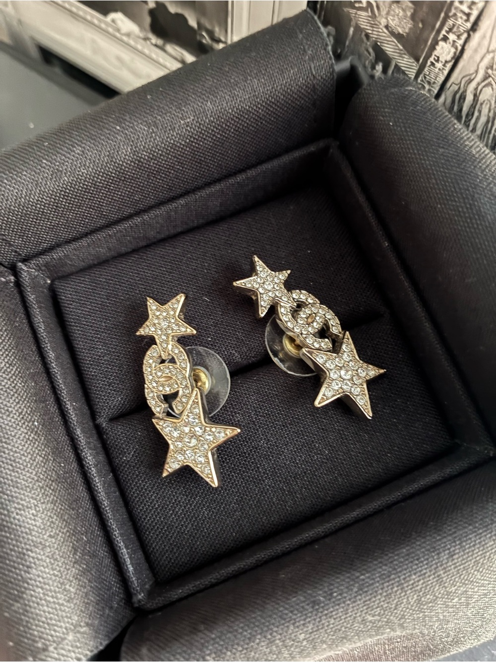 CHANEL Gold Crystal Star Crawler Stud Earrings